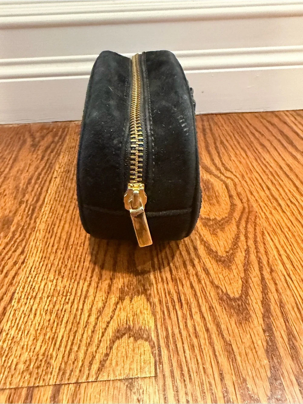 Tory Burch Black Suede Crystal-Stud Cosmetic Case with Gold Logo Charm